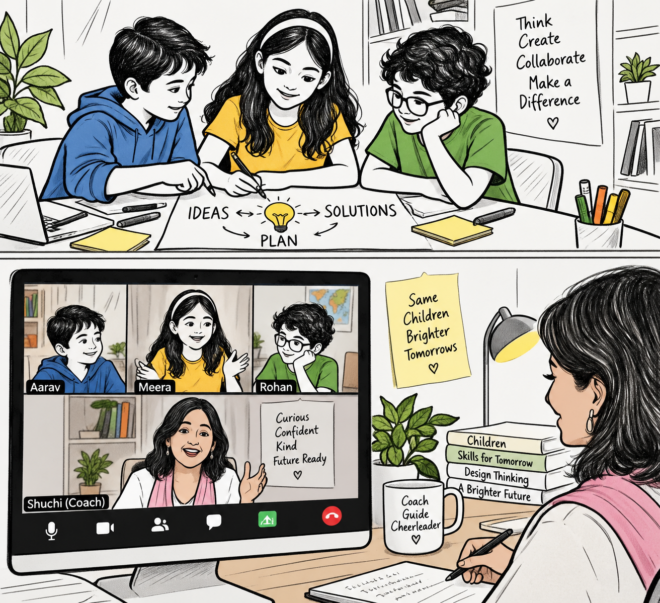 Three children collaborating around a table with ideas and solutions, and the same children with their coach Shuchi on a video call